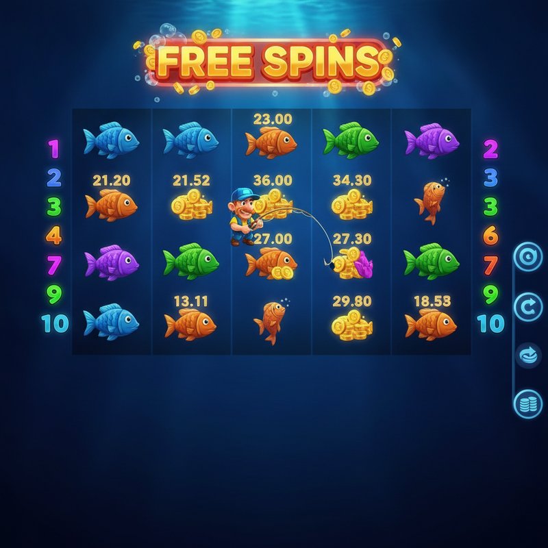 Fishin Frenzy free spins feature with fisherman wild collecting fish prize values on screen