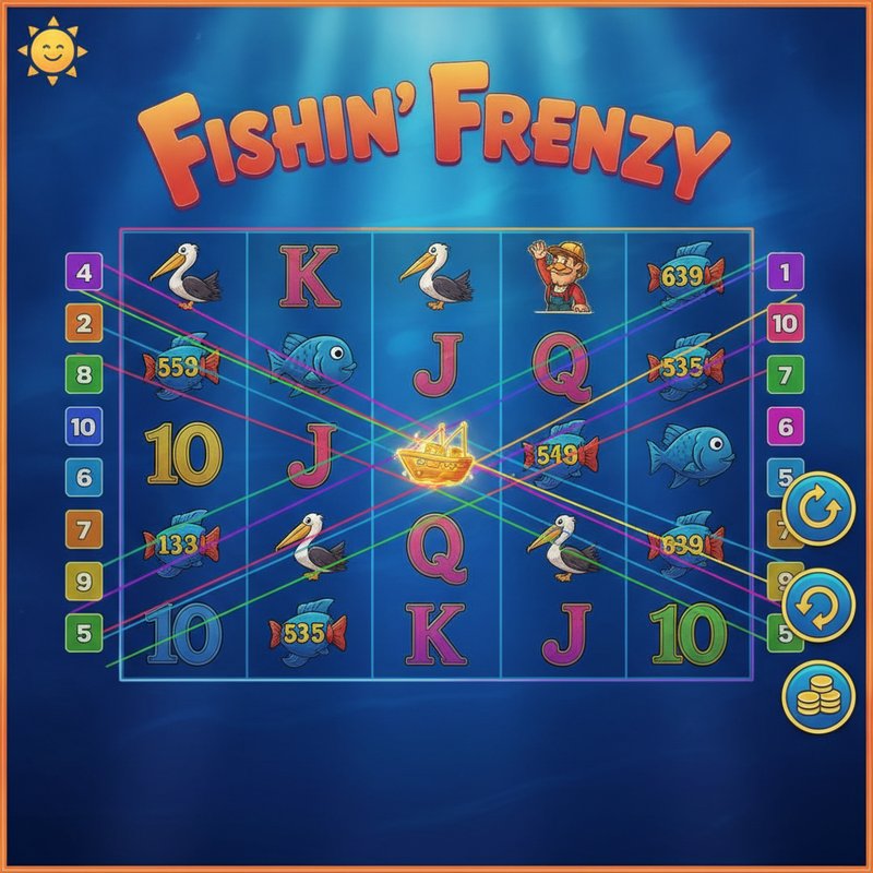 Fishin Frenzy gameplay showing coloured paylines active across the five-reel three-row grid