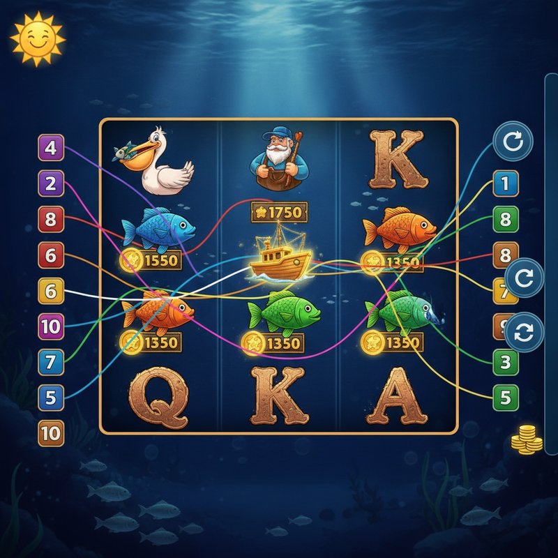 Fishin Frenzy slot main screen with underwater ocean background and reels showing pelican, boat scatter and fisherman symbols