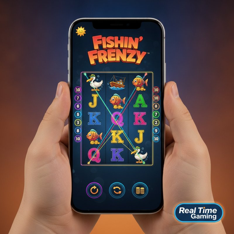Fishin Frenzy slot running on a mobile device with Real Time Gaming provider logo