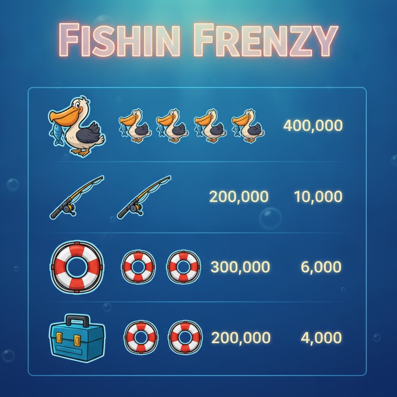 Fishin Frenzy paytable showing pelican, fishing rod, life preserver and tackle box symbol payouts